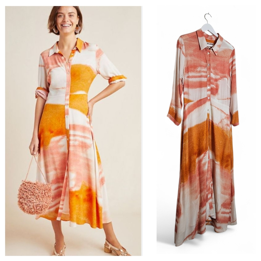Dolan Anthropologie Cora Maxi Shirtdress Size 10 Watercolor Boho Orange Coral